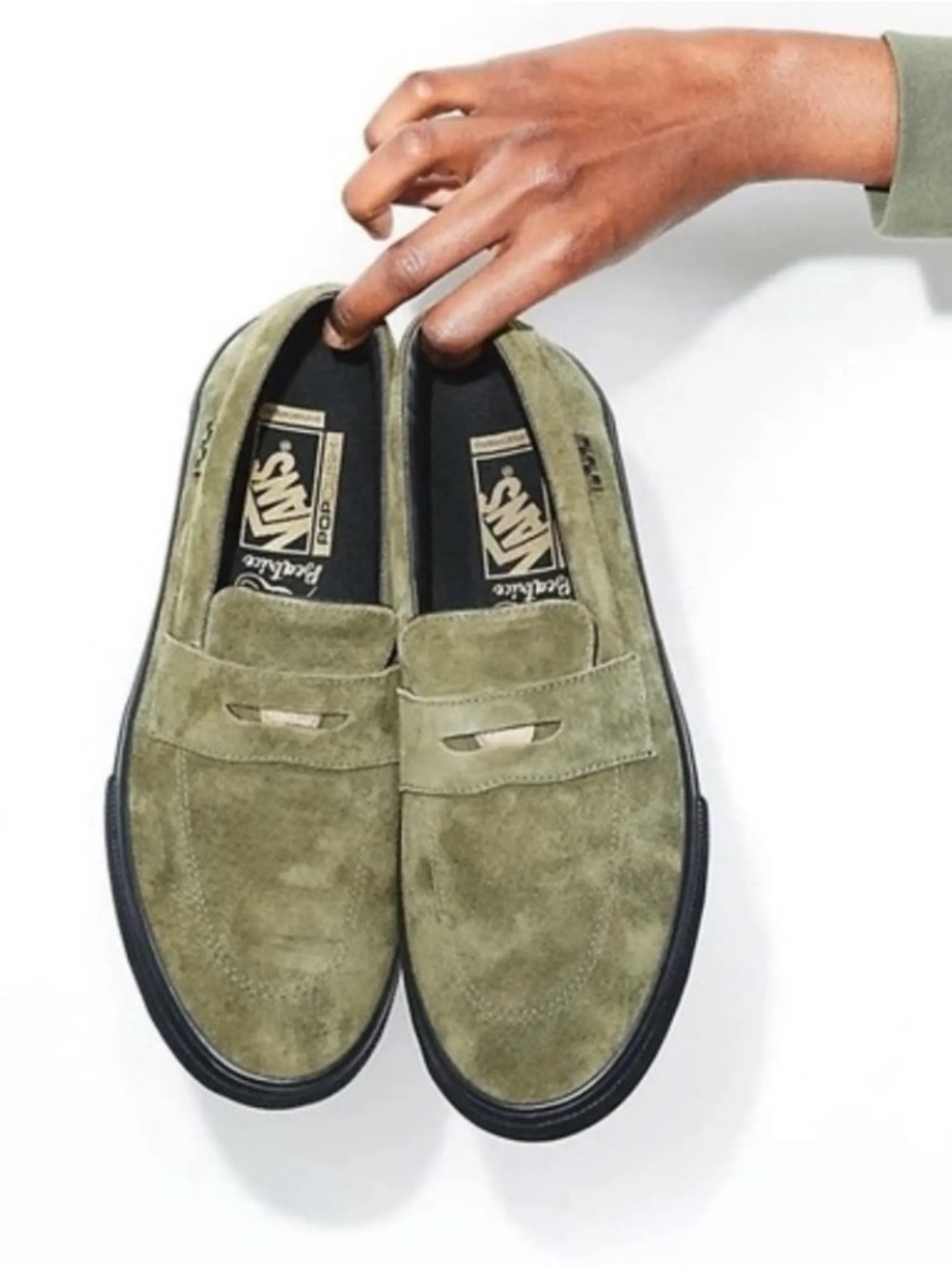 Beatrice Domond x Vans Skate Style 53 Olive Green Suede Penny Loafers